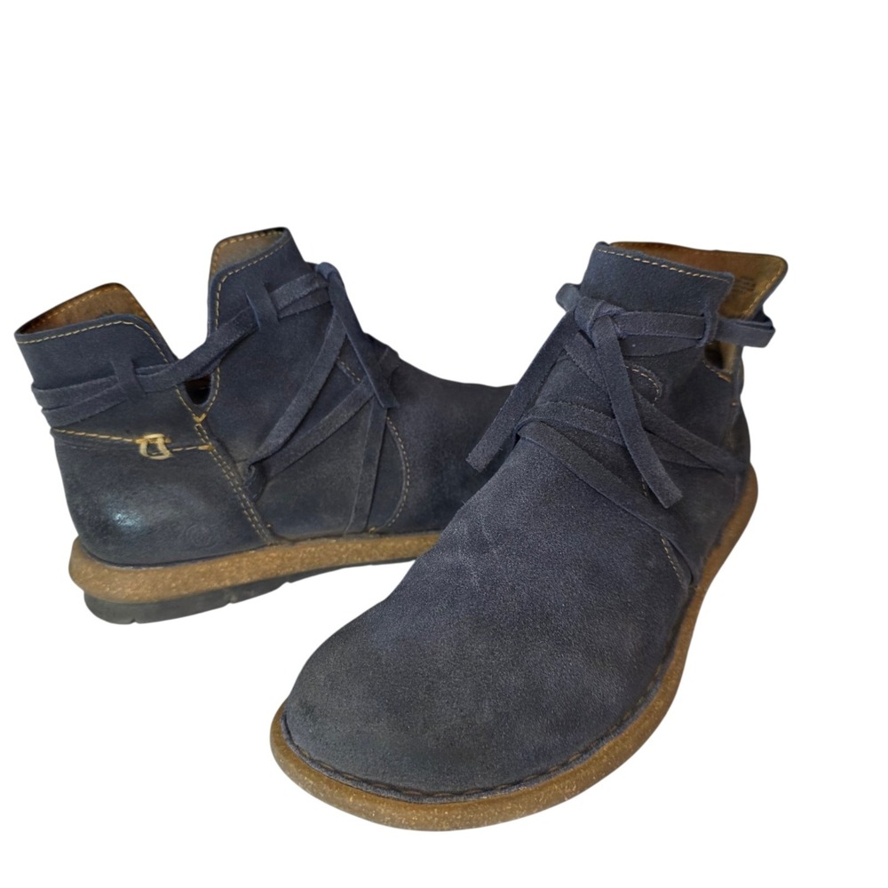 Born Tarkiln Womens 6.5 Blue Suede Wrap Tie Strap Side Zip Ankle Boots